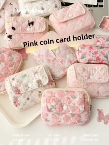 Polka Dot Floral Button Multi Functional Document Storage Bag Convenient Zipper Coin Purse Small Makeup Bag Fashionable Korean Style