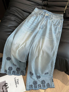 กางเกงยีนส์ทรงตรงเอวสูงสำหรับผู้หญิง ทรงบาง ปักลายดอกไม้ ทรงบาง กางเกงขายาวทรงขากว้าง ทรงสลิมฟิต กางเกงยีนส์ทรงตรงสำหรับผู้หญิง