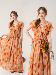 Vintage Holiday Style V-Neck Gingham Long Dress