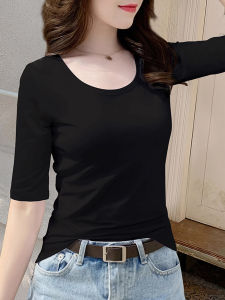 Womens Slim Fit V-Neck T-Shirt Pure Cotton 40S Combed Cotton Half Sleeve Summer Base Shirt White Color Block Elastic Fiber