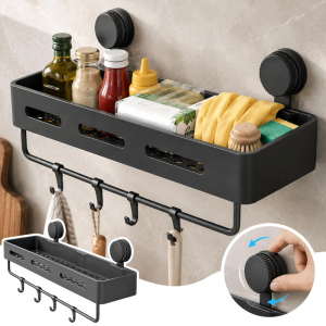 Punch-Free Suction Cup Bathroom Storage Rack with Towel Bar and Hooks / Drain Design Shower Caddy Holder / Household Kitchen Bathroom Multiscene Organizer Shelf