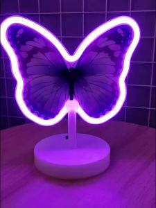 Others | Butterfly Neon Sign LED Light Battery Powered Pink Neon Lamp with Holder Base Room Table Lights Nightlight Decor