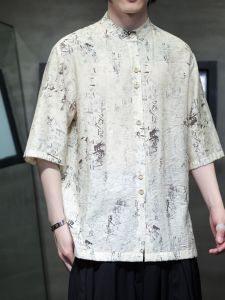 สไตล์จีนใหม่ ฤดูร้อน บาง ผ้าฝ้าย ผ้าลินิน แขนสั้นพิมพ์ลาย หลวม เสื้อเชิ้ตผู้ชายแฟชั่นเยาวชน ปกตั้ง แขนหกส่วน