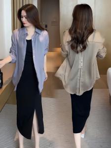 เสื้อคาร์ดิแกนกันแดดแฟชั่นสำหรับผู้หญิง แขนยาว ทรงหลวม ทรงเข้ารูป ปกโปโล ปกตั้ง สีพื้น ทรงบาง ฤดูร้อน 2024