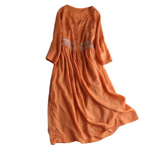 Autumnal Cotton Linen Embroidered Dress Ethnic Style round Neck Nine Sleeve mid Length A-Line Skirt for 30-34 Years Old Women