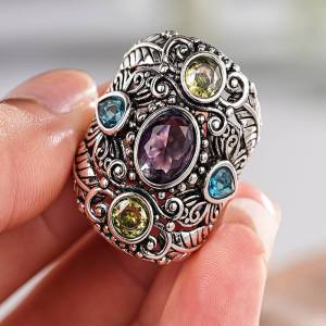 Huitan Vintage Women Ring Anti Silver Color Inlaid Shining Colorful CZ Engraved Design Accessories for Party Creative Jewelry