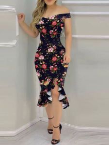 One Shoulder Irregular Printed Dress off-Shoulder Irregular Pattern Print Dress Women