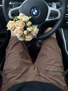 Quần Short Công Sở Màu Nâu Cạp Vừa Mùa Hè Mỏng Ống Đứng Túi Lớn Quần Dài Thường Ngày Phong Cách Mỹ Ngoài Trời Quần Dài Năm Mảnh