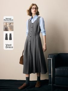 FAMANXUAN | Grey Woolen A-Line Sleeveless V-Neck Pleated Dress
