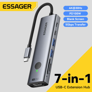 Essager PD 100W USB C 7 In 1 Extension Hub USB 3.0 5Gbps Fast Transfer 4K30Hz HD Projection Adapter SD/TF 3.0 Dual Card Same Read 104Mb/s Max Collector Compatible with Mac OS iOS Windows Linux Android Systems Suitable For Mobile Tablet Computers