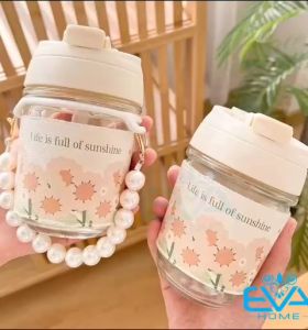 Ly Nước Thuỷ Tinh Hot Trend Straw Cup Flower Kèm Bọc Vải In Hoa Và Dây Xách Hạt Trai  Sang Trọng