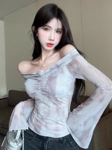 GUZILIAN | Fall American Style Spill Over Shoulder Long Sleeve T-Shirt Women Short Flower 3D Print Bell Sleeve Top Korean Commute Style