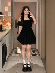 Black French Style One Shoulder Dress Women Summer Beautiful Bloom Short Skirt A-Line Silhouette Sweet Style High Waist Short Dress