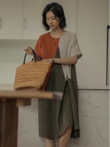 ชุดเดรสยาวผ้าลินินคอตตอนผสมทรงหลวมสำหรับผู้หญิง ฤดูร้อน 2025 ชุดเดรสยาวคลุมท้องทรงหลวมกระชับสัดส่วน แขนสั้น คอตตอนผสม