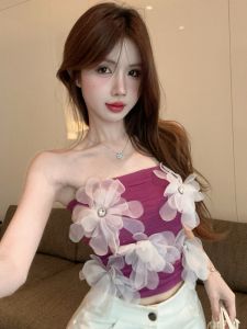 GUZILIAN | Elastic Slim Fit Vest With Shoulder Exposure 3D Flower Design Versatile Summer New Style Korean Version Office Lady Style