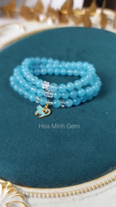 Vòng tay quấn 3 đá Aquamarine size hạt 6 li phối đá Thạch Anh Trắng pha lê cắt giác charm mèo xanh phong cách trang nhã hợp mệnh Thủy Mộc | Hoa Minh Gem