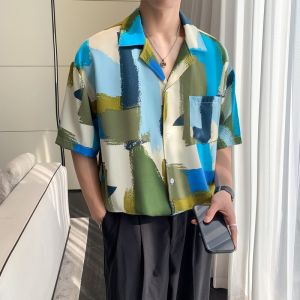 Lightly Mature Summer plus Size Short Sleeve Printed Shirt Mens Ice Silk Quick-Drying Drape Handsome Loose Outer Wear Half Sleeve Shirt Fashion