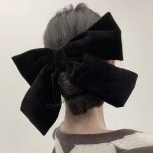 Black Velvet Hair Clip with Large Bow Knot at Back of Head Elegant Korean Style Top Clip Face Slimming Simple Design Hair Accessory