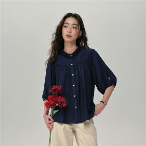 Designer Giordano Vertical Stripe Womens Shirt Stand Collar Lace Trim Casual Loose Fit Five Sleeve Button up Pure Color