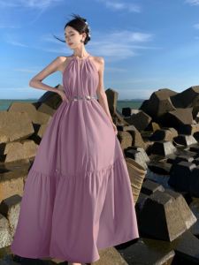 Váy Cà Vạt Màu Tím Retro Pháp Cho Nữ Mùa Hè Không Tay Polyester Chiều Dài Trung Bình Váy Midi Có Cổ Áo Chui Đầu