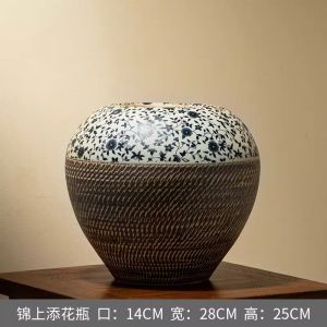 กระถางลายนูนสไตล์จีนย้อนยุค กระถางเซรามิกขนาดใหญ่ กระถางดอกไม้สำหรับตกแต่งห้องนั่งเล่น ชั้นวางของ หน้าบ้าน วัสดุเซรามิก