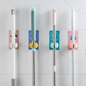 2pcs Set Self Adhesive Wall Mounted Mop Holder High Elastic Clip Hook Multifunctional Household Organizer