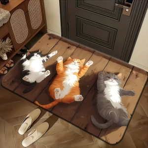 VIKAMA Cartoon Lying Cat Wooden Print Doormat Non Slip Water Absorbent Floor Mat for Front Door Bathroom Bedroom Home Decor