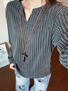 Áo Thun Nam Cổ Chữ V Kẻ Sọc Dài Tay Phong Cách Mỹ Cleanfit Không Mũ Áo Thun Nam Mùa Thu Thường Ngày Không Cần Ủi