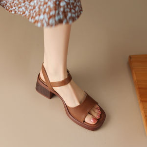 Retro Brown Thick Heel Sandals Womens Fashionable Versatile Square Head Open Toe High Heel Buckle Strap Casual Low Cut Shoes