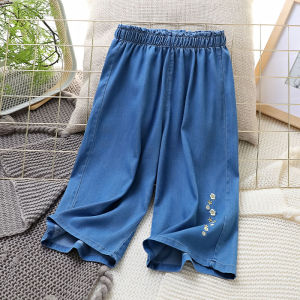 Girls Seven-Foot Pants 2023 New Summer Thin Wide-Leg Childrens Jeans Baby Denim Shorts Tencel Short Pants for Girls