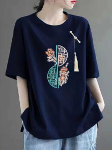 เสื้อยืดคอกลมแขนสั้นผ้าฝ้ายลายพิมพ์สไตล์จีนใหม่หลวมๆ สำหรับผู้หญิงไซส์ใหญ่ ฤดูร้อน 2022 เสื้อยืดผู้หญิงไซส์ใหญ่พิเศษ