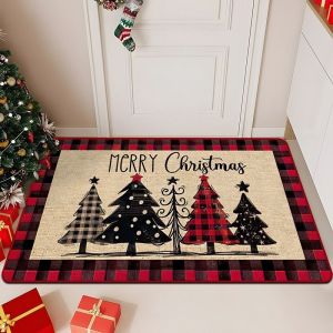 VIKAMA Holiday Doormat Buffalo Plaid Border Retro Red Truck Pine Bow Pattern Anti Slip Rug For Entryway Hallway Xmas Home Decor