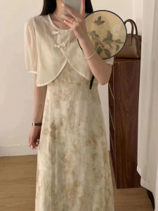 3234 New Chinese Style Two-piece Set Summer New Arrival Frog Button Short Sleeve Shawl + Print Suspender Skirt