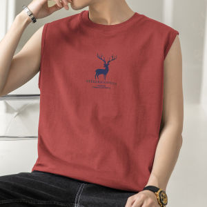 Pure Cotton Tank Top Mens Summer Basketball Fitness Trend Deer Print Sleeveless T-Shirt Full Cotton Sports Shoulder Pad
