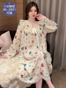 plus Size Pure Cotton Long Sleeve Womens Nightgown Cartoon Pajamas Home Clothes Sleepwear V-neck Mid-length Skirt