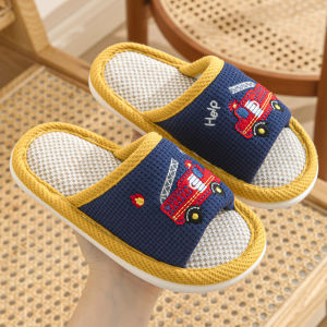 MONLEYTA | Boys Linen Slippers Indoor Spring Autumn Cartoon Car Design Childrens Slippers Anti-Slip Cotton Upper PVC Bottom For Kids
