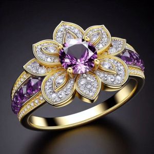 Huitan Gold Color Flower Ring Charming Purple Cubic Zirconia Accessories for Engagement Ceremony Fashion Party Jewelry