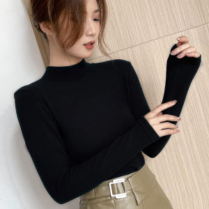 Thickened Fleece Half High Collar Womens Base Shirt Inner Wear T-shirt Street Style Winter Cotton Polyester Blend Slim Fit