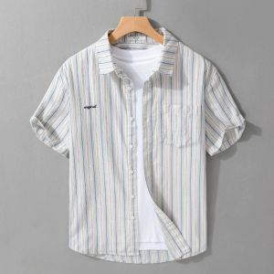 Mens Stripe Shirt Summer Thin Breathable Casual Loose Top Short Sleeve Polo Neck Polyester Fabric Fashion Urban Style