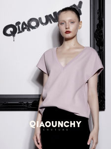 QIAOUNCHY | Basic Pink V-Neck Short Sleeve T-Shirt