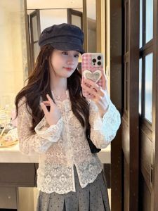 French Lace Hook Flower V-neck Womens Base Shirt Spring Autumn New Unique Slimming Long Sleeve Open Cardigan Top