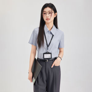 Summer Thin Blue Short Sleeve Shirt Women Formal Occasion