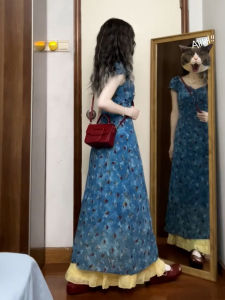 Y6Y | French Blue Floral Summer Dress Womens Elegant A-Line Skirt Short Sleeve V-Neck Long Dress For Business Casual Date Daily Use