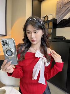 💥[A363] Áo len thun nữ Montoghi dệt kim LỆCH VAI THẮT NƠ ĐÍNH NGỌC tay dài vạt nhọn siêu hot - L2M