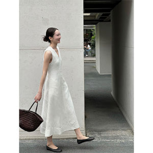 ชุดเดรสคอวีแขนกุดผ้าลินินสไตล์ฝรั่งเศสสำหรับผู้หญิงในฤดูร้อน ทรงเข้ารูป กระโปรงทรงเอ กระโปรงสั้น ชุดทำงานสไตล์เกาหลี