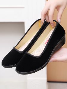 New Old Beijing Cloth Shoes Womens Shoes Wedge Shoes Mid Heel Work Shoes Black Hotel Shoes Non-Slip Mom Shoes Soft Bottom