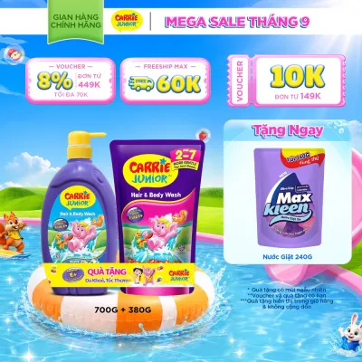 [Tặng kèm túi 380g] Sữa Tắm Gội cho bé Carrie Junior Hương Trái Cây Thiên Nhiên 700g