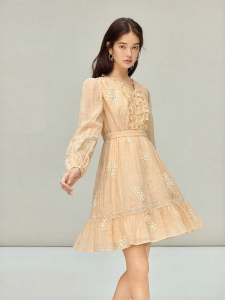 INMAN | French Style Long Sleeve Ruffle Waist V-Neck Lace Embroidered Dress