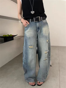 Retro High Waist Cow Slit Hole Blade Jeans Women Loose Casual Wide Leg Ground Regular-length Pants Denim Skinniness High-low Necklines for All