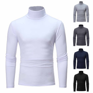 Basic Bottoming Plain T-shirt Fashion Mens Casual Slim Fit Basic Turtleneck High Collar Pullover Male Autumn Spring Thin Tops